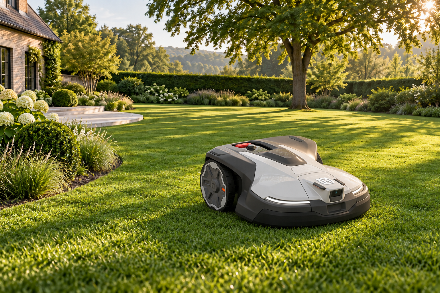 Husqvarna Automower 430V NERA dans un jardin arboré, mise en scène générée